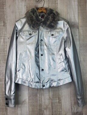 FUBU Ladies Collection Metallic Silver Faux Leather Jacket with Fur Collar Large